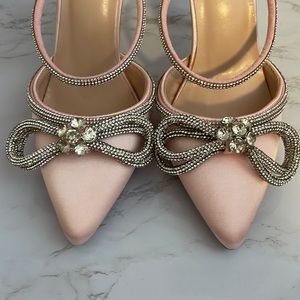Baby Pink Bow Rhinestones Mules Heels